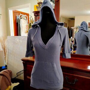 Blue Short Sleeve Knitted V-Neck Hoodie with Front Pocket